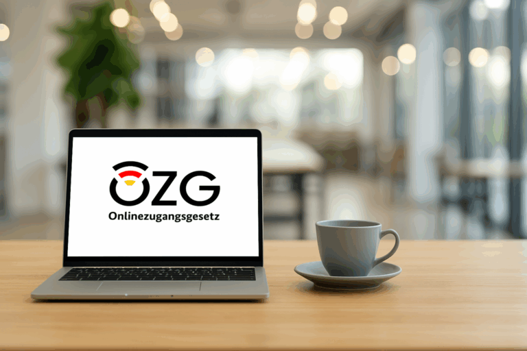 Laptop mit OZG-Logo auf dem Bildschirm – Symbolbild für die digitale Umsetzung des Onlinezugangsgesetzes im Handwerk.