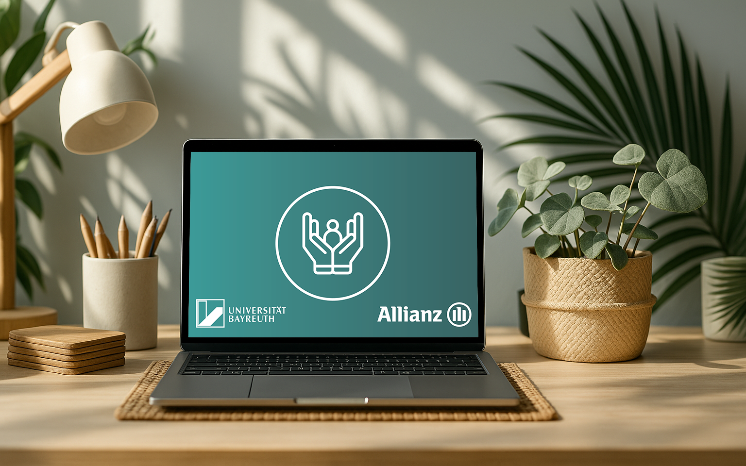 Laptop mit Auszeichnungsbild für soziale Verantwortung – Logos der Universität Bayreuth und der Allianz sichtbar.