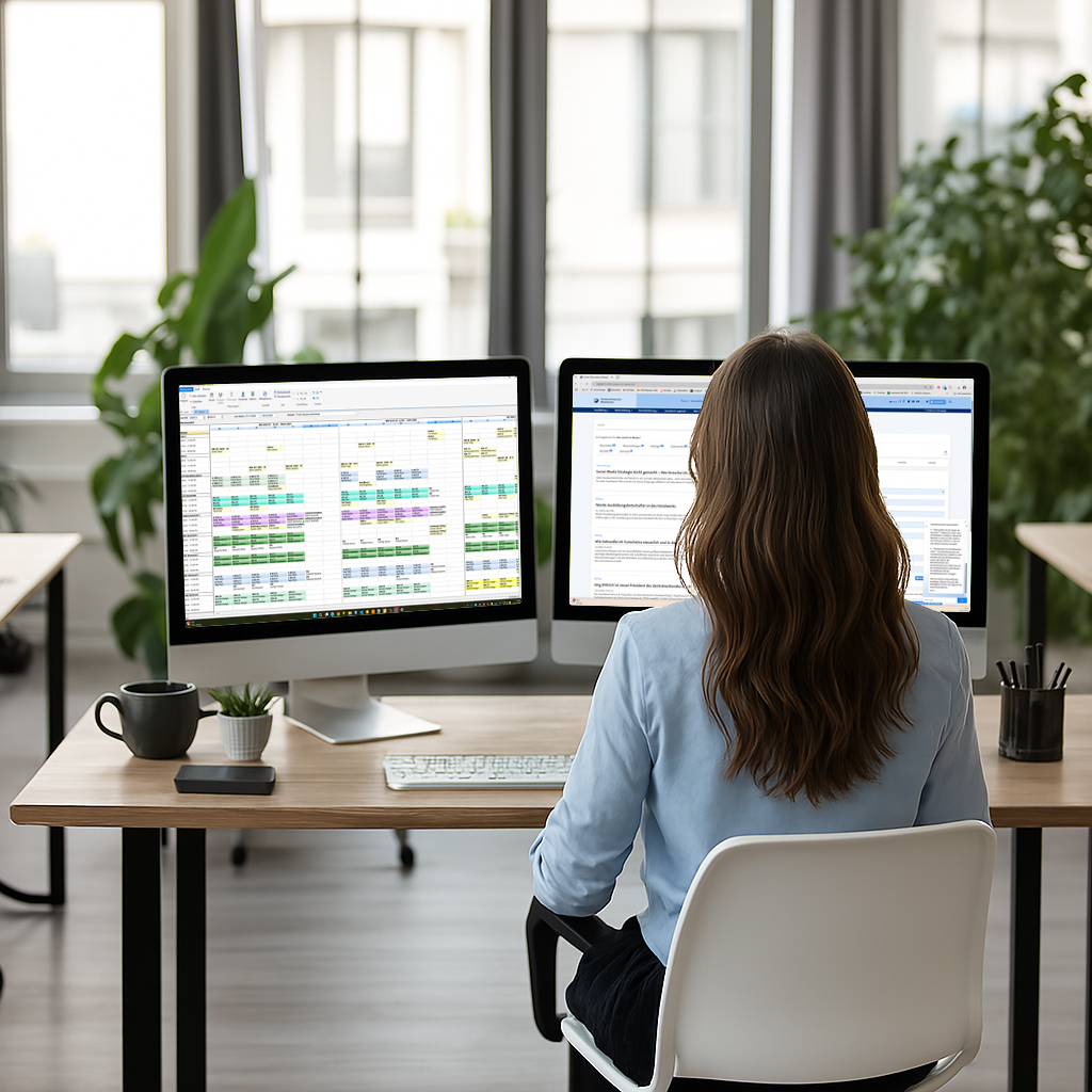 Mitarbeiterin arbeitet mit zwei Monitoren an Seminarplanungssystemen und Online-Lösungen – Symbolbild für ganzheitliche Softwarelösungen mit UNIPLUS X3.