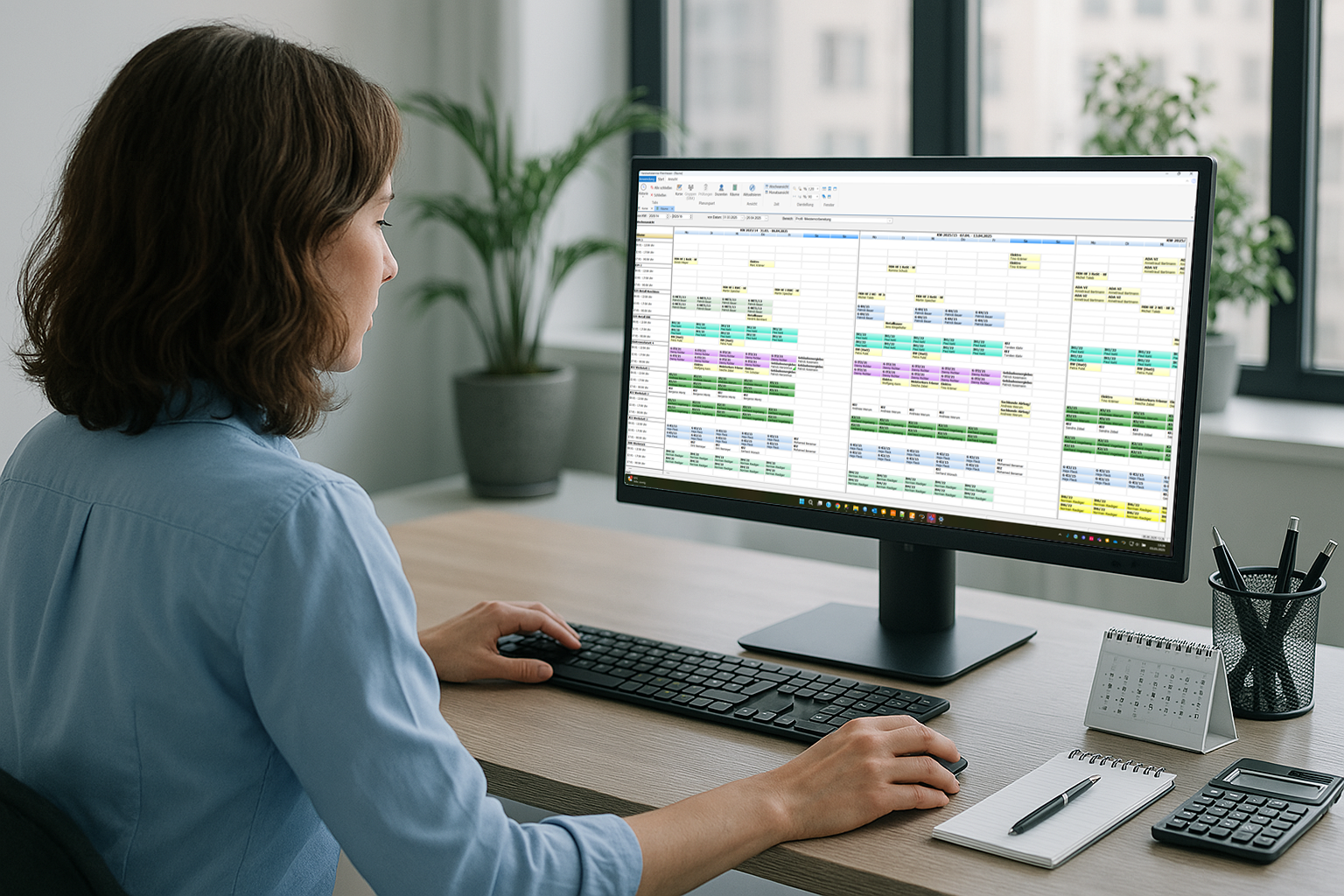 Mitarbeiterin arbeitet mit einem Seminarplanungssystem auf einem großen Monitor – Symbolbild für die zentrale Verwaltungslogik in UNIPLUS X3-Core.