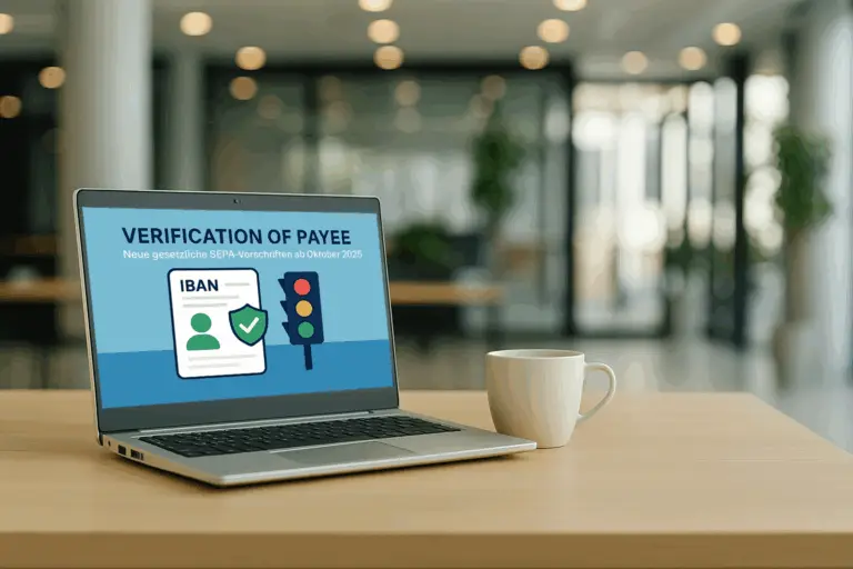 Laptop mit Darstellung zur Verification of Payee und Ampelsystem für SEPA-Überweisungen
