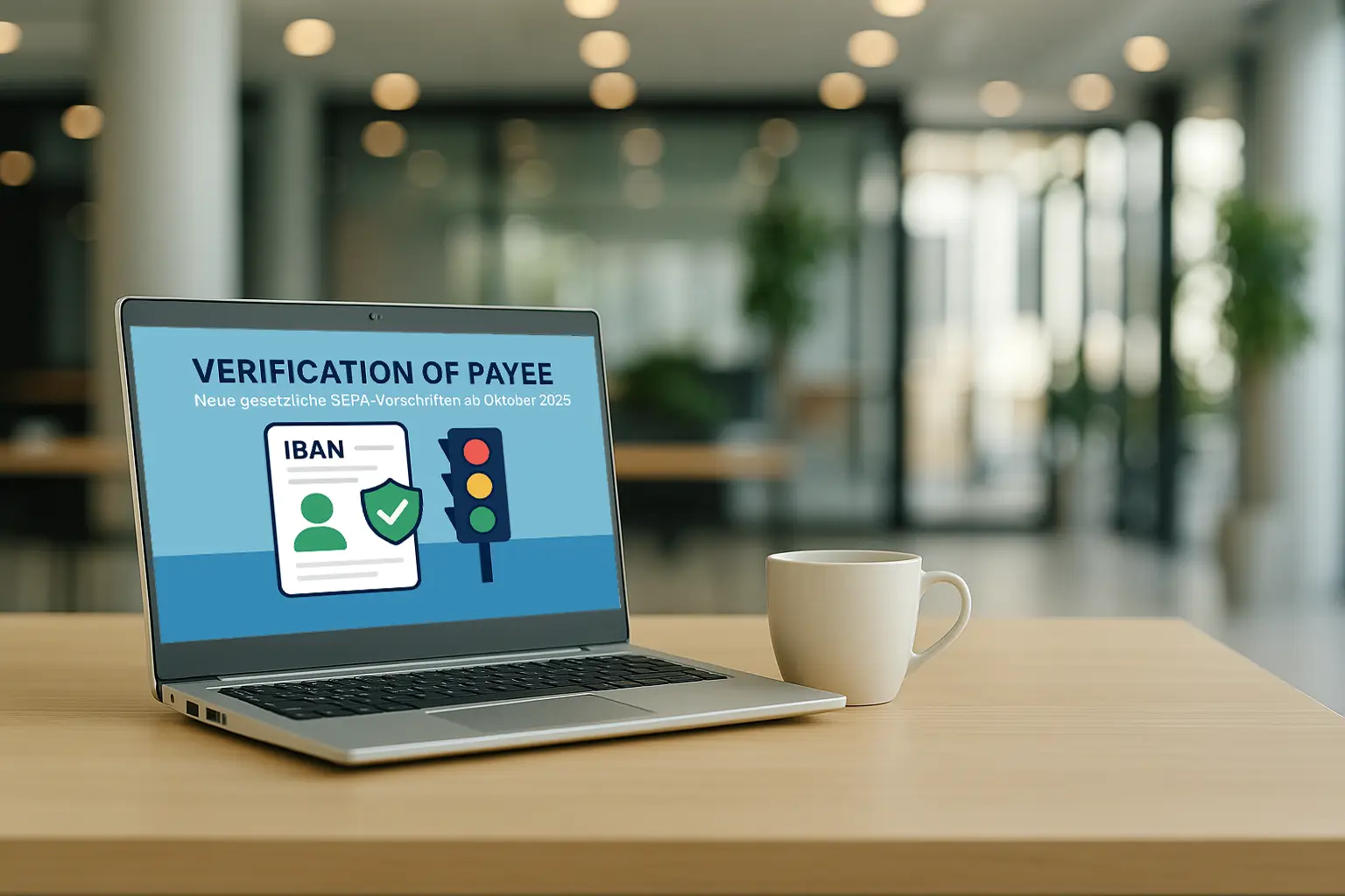 Laptop mit Darstellung zur Verification of Payee und Ampelsystem für SEPA-Überweisungen